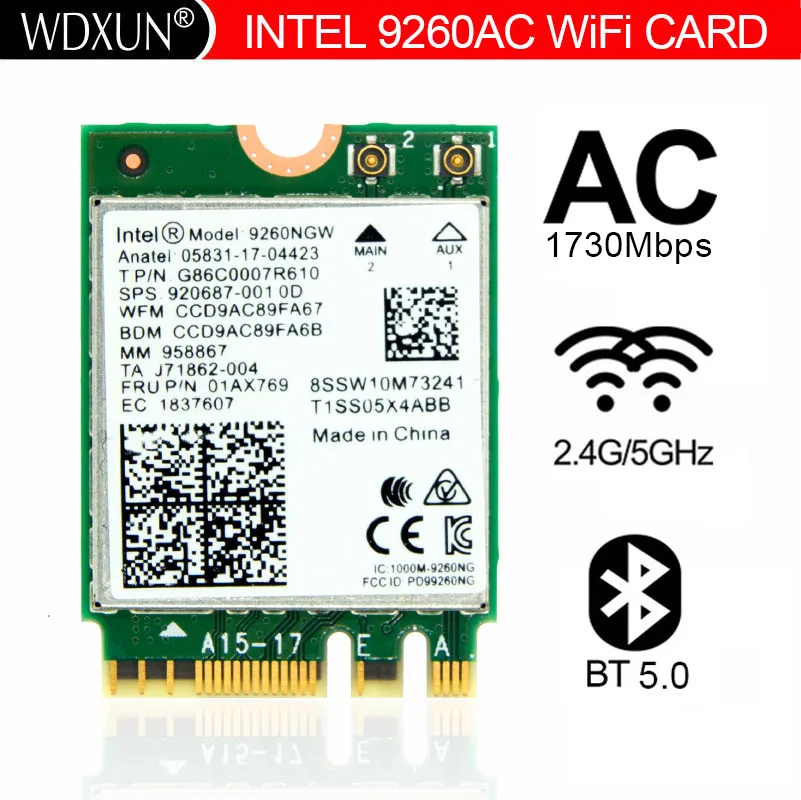 WDXUN Двухдиапазонный Wireless-AC 9260 9260ac Intel 9260NGW NGFF 802.11ac MU-MIMO 1730 Мбит/с 1,73 Гбит/с Wi-Fi + Bluetooth 5,0 Windows 10
