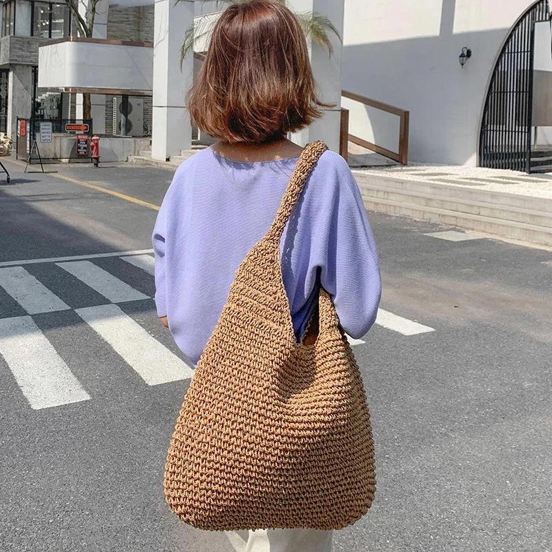 Casual Straw ผู้หญิงไหล่กระเป๋าหวายทอกระเป๋าถือสุภาพสตรี Handmade ฤดูร้อนชายหาดกระเป๋าหวายกระเป๋า Messenger หญิงขนาดใหญ่ Totes