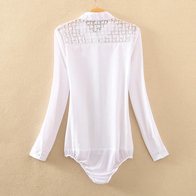 Neue Mode Büro Bluse Frauen Stehen Kragen Spitze Patch Langarm Körper Hemd Strampler Körper Tops Bluse aushöhlen Body weiß