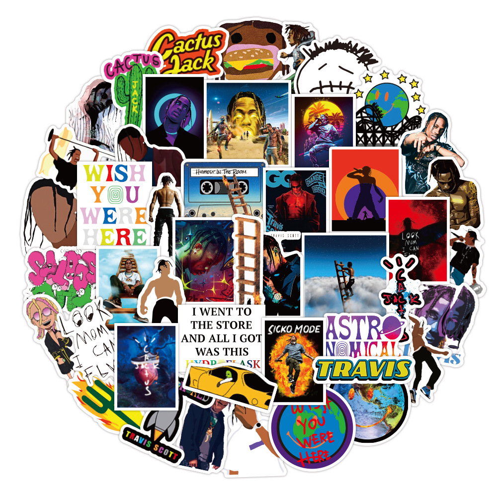 10/30/50 Con Thoáng Mát Rapper Travis Scott Ca Sĩ Dán Xe Đạp Ván Trượt Tủ Lạnh Đàn Guitar Hành Lý DIY Chống Nước Đùa miếng Dán Kính Cường Lực Kid Đồ Chơi