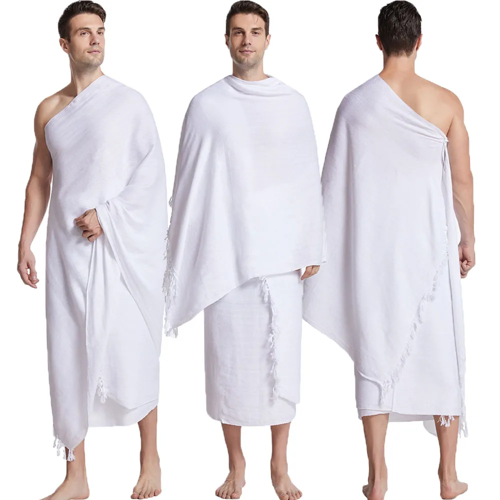 2Pcs Muslimische Männer Hajj Ihram Handtuch Arabischen Gebet Schal Islamischen Hijab Pilger Namaz Umrah Hydrophile Mecca Türkische Anbetung Hijabs