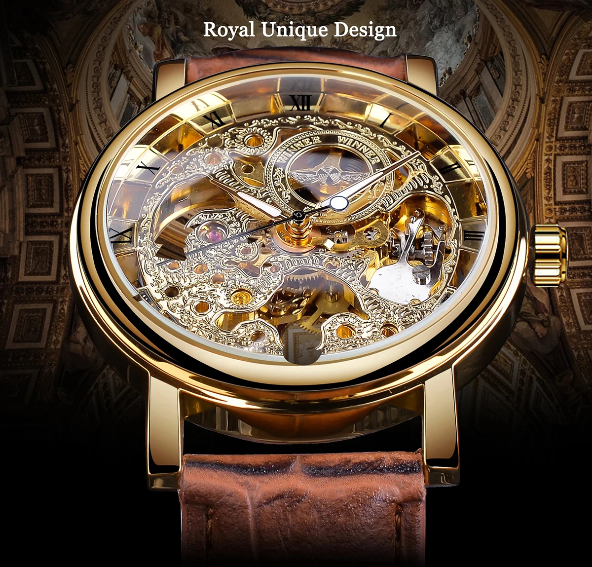 ผู้ชนะโปร่งใสแฟชั่นหรูหรา Casual Design สายหนัง Mens นาฬิกาแบรนด์หรู Mechanical Skeleton นาฬิกา