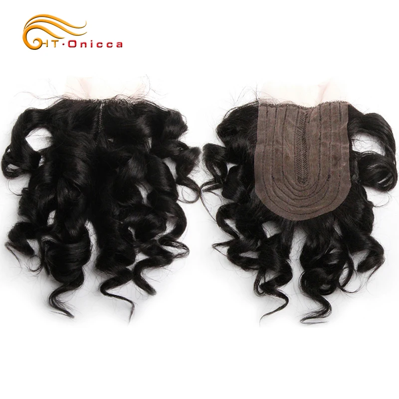 Pacotes encaracolados do cabelo humano com fechamento, T parte fechamento do laço, cabelo brasileiro curto, cor natural