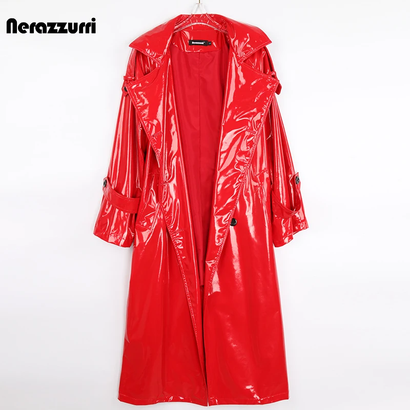 Nerazzurri Herbst Lange Rot Wasserdicht Glänzende Reflektierende Patent Leder Graben Mantel für Frauen Zweireiher Plus Größe Mode