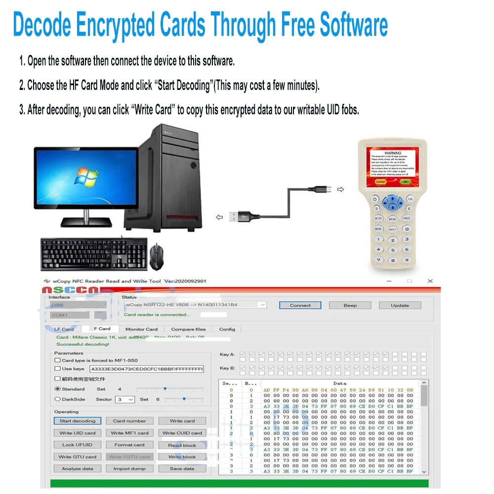 Lector RFID Escritor Duplicador Programador de tarjetas inteligentes NFC de 10 frecuencias 125 KHz 13,56 MHz Decodificador cifrado Tarjetas clave grabables, USB