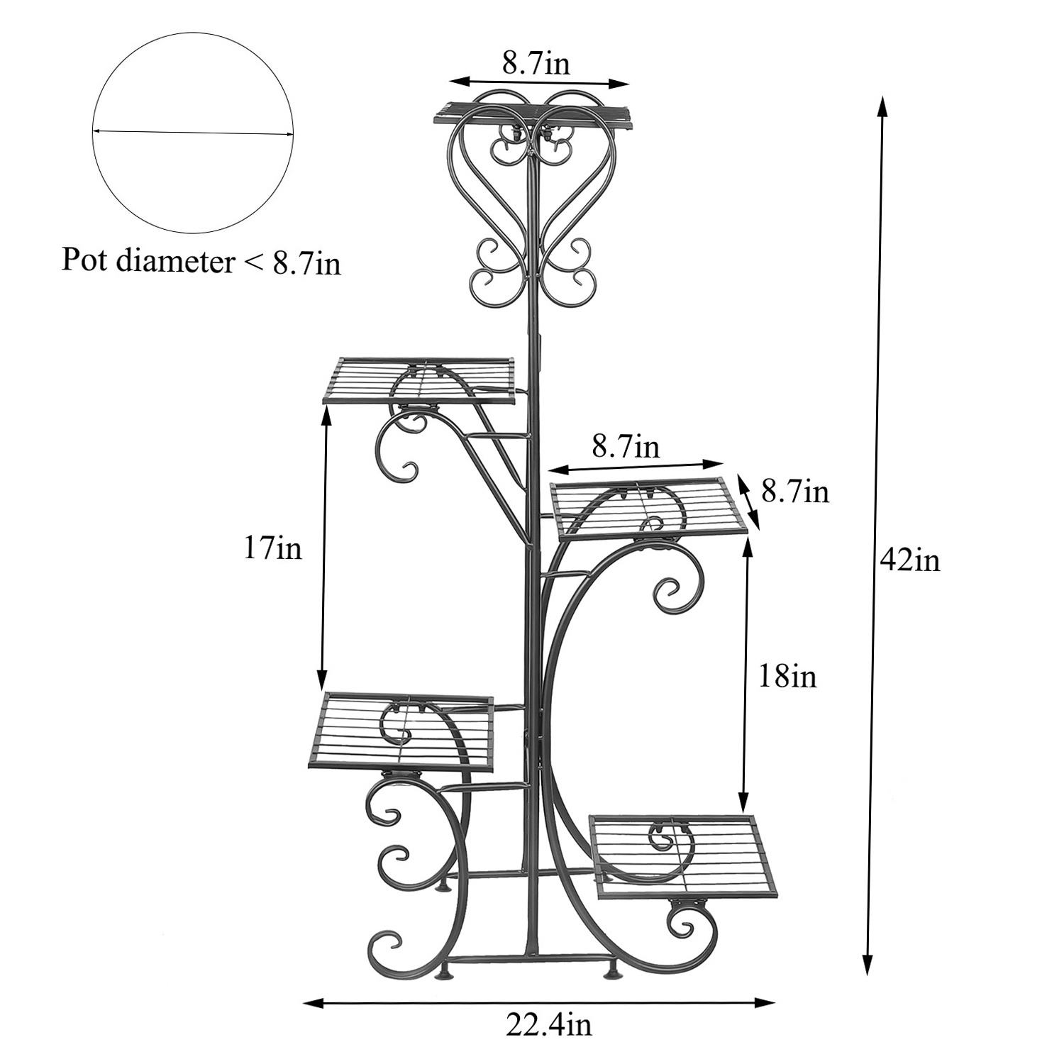 Interior Ferro plantador Prateleira Rack, Alto Stand Planta, Metal Vasos De Flores, Display Holder, Jardim ao ar livre, 5 camadas