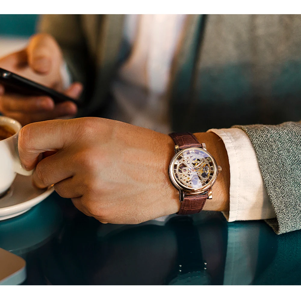 ผู้ชนะโปร่งใสแฟชั่นหรูหรา Casual Design สายหนัง Mens นาฬิกาแบรนด์หรู Mechanical Skeleton นาฬิกา