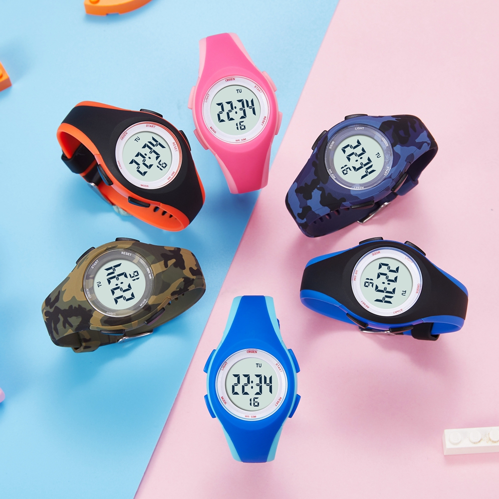 Relojes digitales OHSEN para niños, reloj de pulsera LED resistente al agua para deportes al aire libre, color verde militar, cronómetro con alarma, reloj electrónico para niños