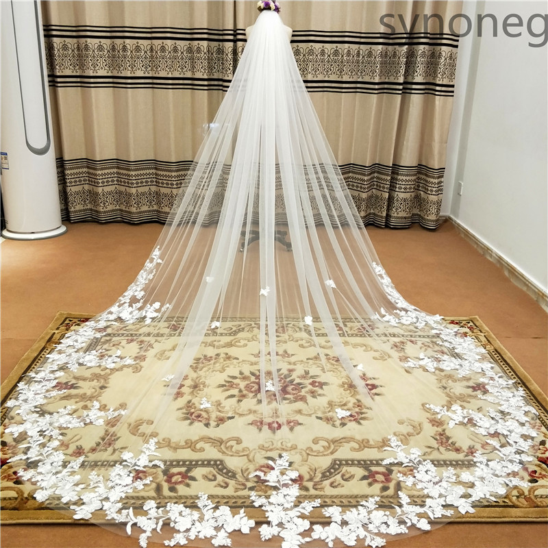 Véu de casamento catedral de uma camada, 3m/4m/5m, borda de renda branca, véu de noiva com pente, aplique marfim, foto real, 3m, 4m, 5m