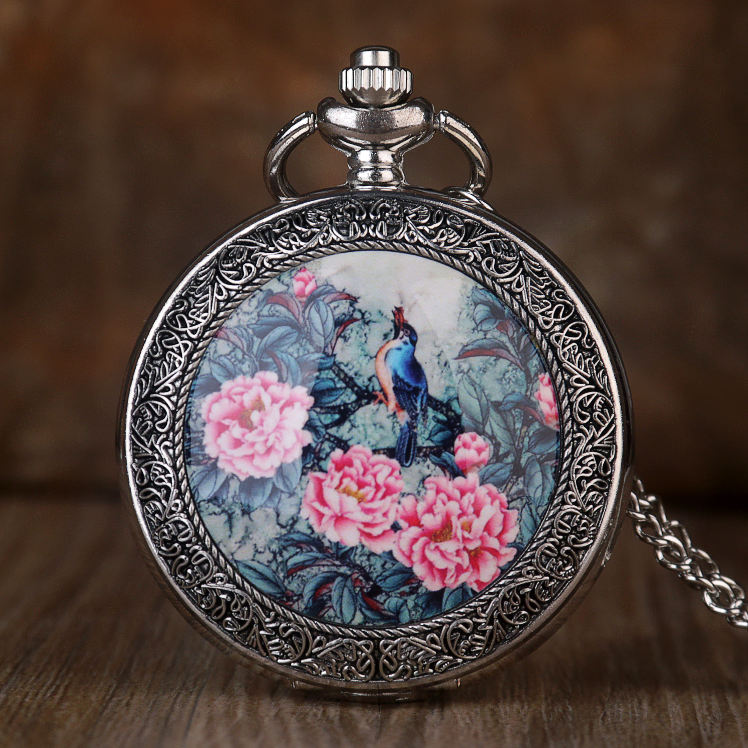 Vintage zilveren quartz fob zakhorloge levendige vogel op de boom met prachtige bloemenpatronen ketting hanger zakhorloges