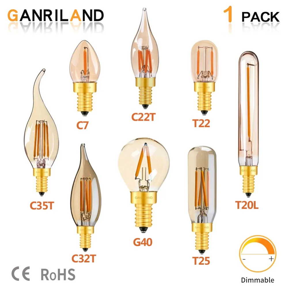 GANRILAND Led E14 Dimmbare Gold Mini Rohr Kronleuchter Nacht Lampe 0,5 W 1 W 2 W 4 W 2200K  E14 220V- 240V Vintage LED Filament Glühbirnen