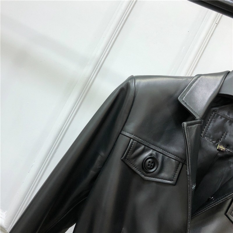 100% ของแท้หนังแจ็คเก็ตหญิง Punk สั้น Biker Pocket Slim Fit Sashes Windbreakers สํานักงานคลาสสิก Sheepskin Jacket