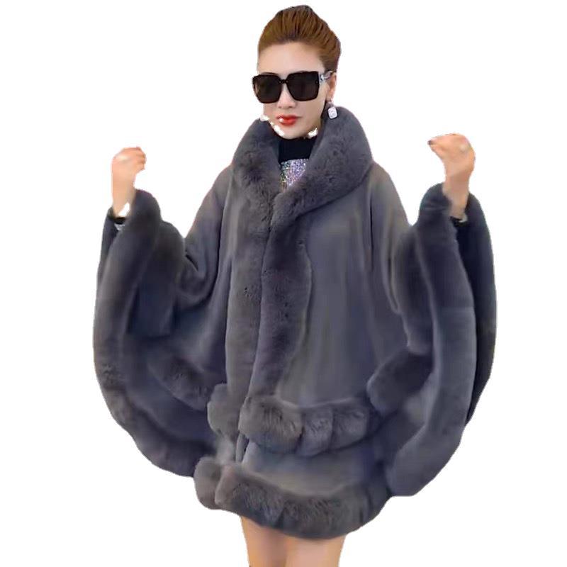 Capa de piel de conejo Rex de imitación de lujo de doble capa, chal con capucha, Poncho de punto para mujer, abrigo de piel sintética grande