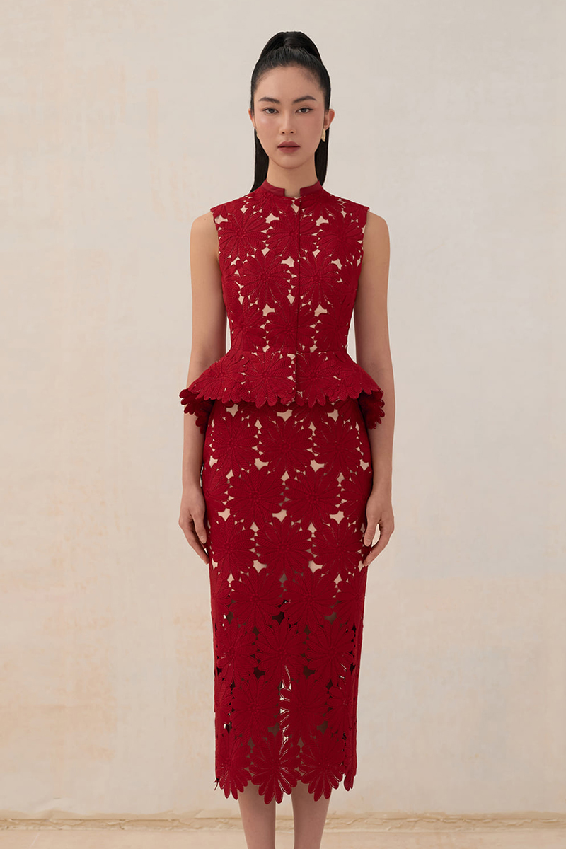 Tailor Shop สีแดง Chrysanthemum ลูกไม้กระโปรงหญิงหรูหรา Semi-อย่างเป็นทางการชุดเจ้าหญิง Peplum Top