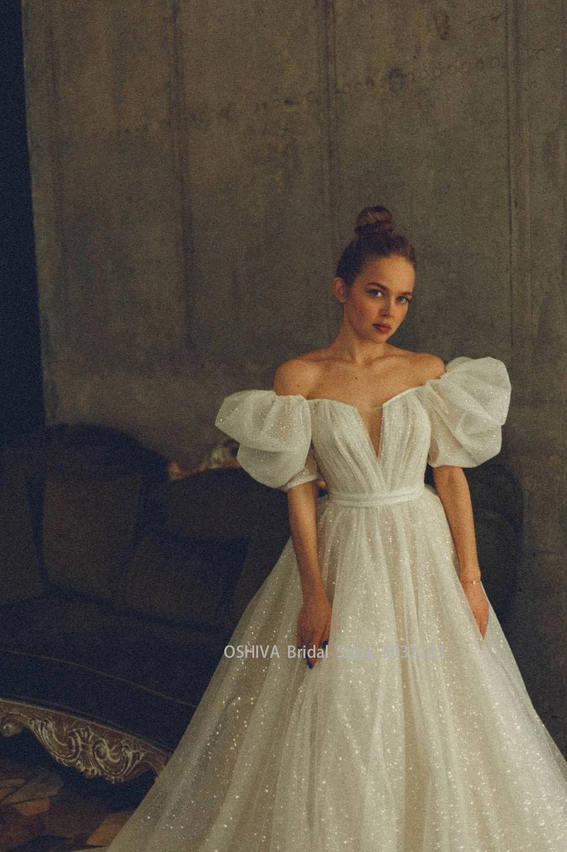 Abiti da sposa in due pezzi con linea A glitterata con gonna staccabile con spalle scoperte maniche corte a sbuffo abiti da festa da sposa principessa
