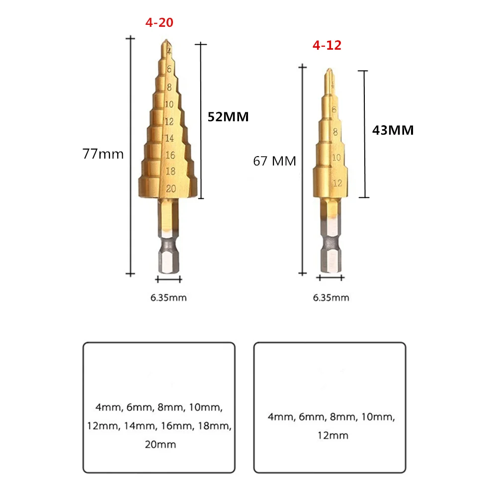 Khoan Sắt HSS Phủ Titan Bước Mũi 4-12-20 Khoan Điện Dụng Cụ Kim Loại Thép Tốc Độ Cao Gỗ lỗ Cắt Hình Nón Mũi Khoan