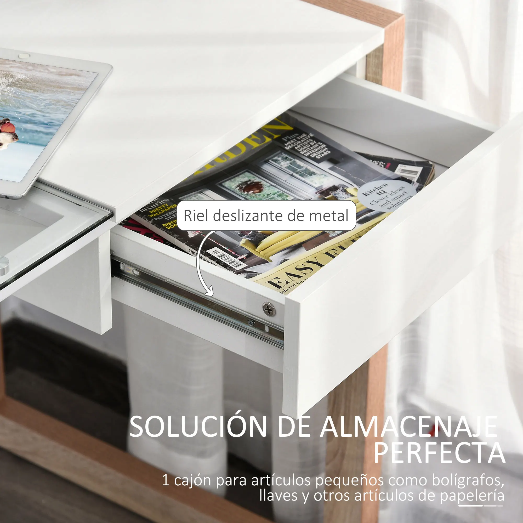 HOMCOM modern computer table top cassetto in vetro temperato 120x60x75cm bianco
