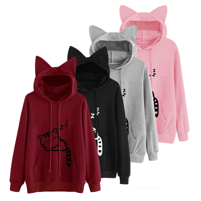 ใหม่ผู้หญิงHoodiesเสื้อกันหนาวKawaiiสีชมพูฤดูหนาวแมวรูปแบบแขนยาวHooded Sweatshirts Harajuku