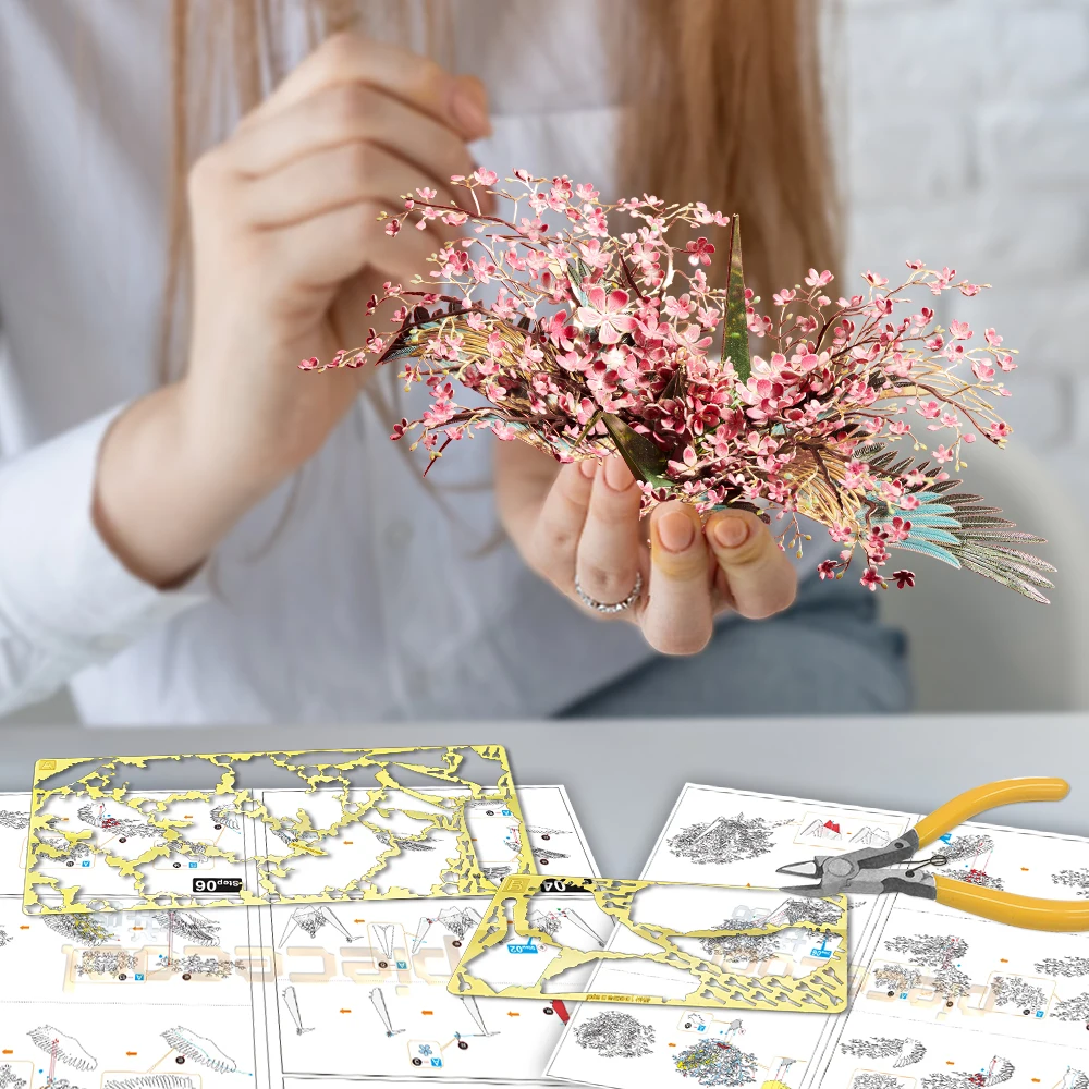 Piececool 3D Kim Loại Xếp Hình Xây Dựng Mô Hình Bộ Dụng Cụ-Feach Blossm Cần Trục DIY Ghép Hình Đồ Chơi, giáng Sinh Quà Tặng Sinh Nhật Cho Người Lớn Trẻ Em