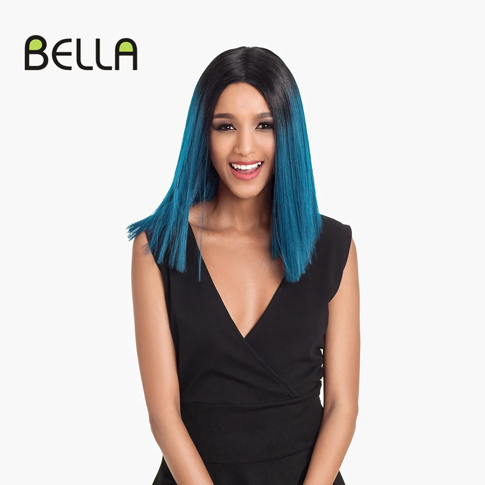 Bella วิกผมสังเคราะห์ลูกไม้ 14 นิ้วผมสั้น BOB วิกผมสีเทาสีขาวสีฟ้าสีดําไหล่วิกผมสําหรับผู้หญิงสีดําลูกไม้ Part คอสเพลย์วิกผม