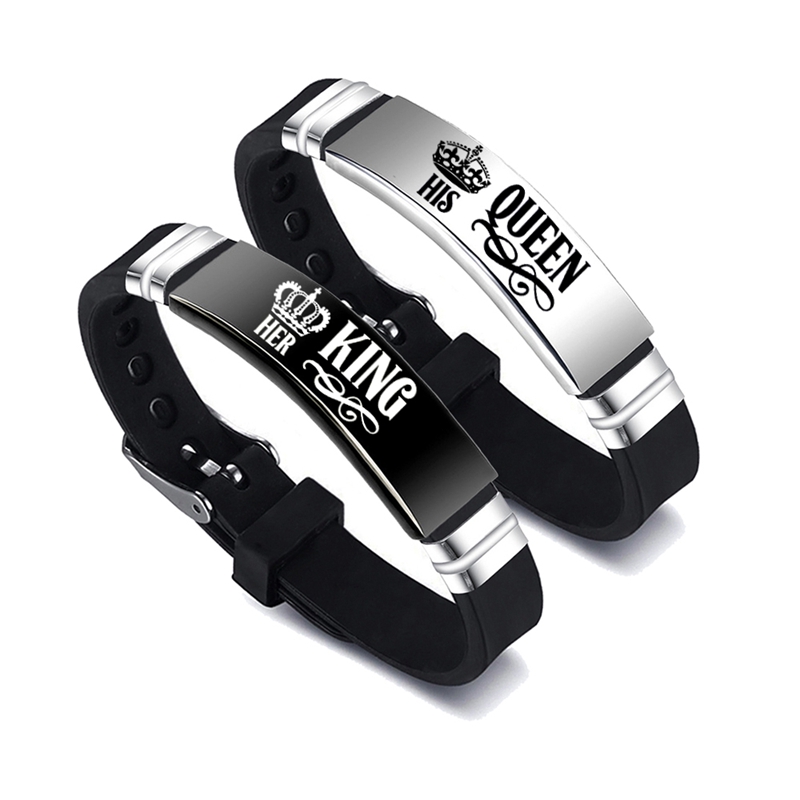 Aço inoxidável ajustável Silicone Strap Bangle, Sua Rainha e Seu Rei Casal Pulseira, Presente Dia dos Namorados, 2 Pçs/set