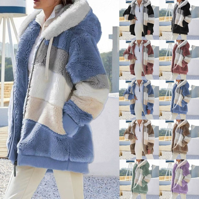 Abrigo holgado con capucha y bolsillo con cremallera para mujer, abrigo cálido de felpa con retales, otoño e invierno, 2021
