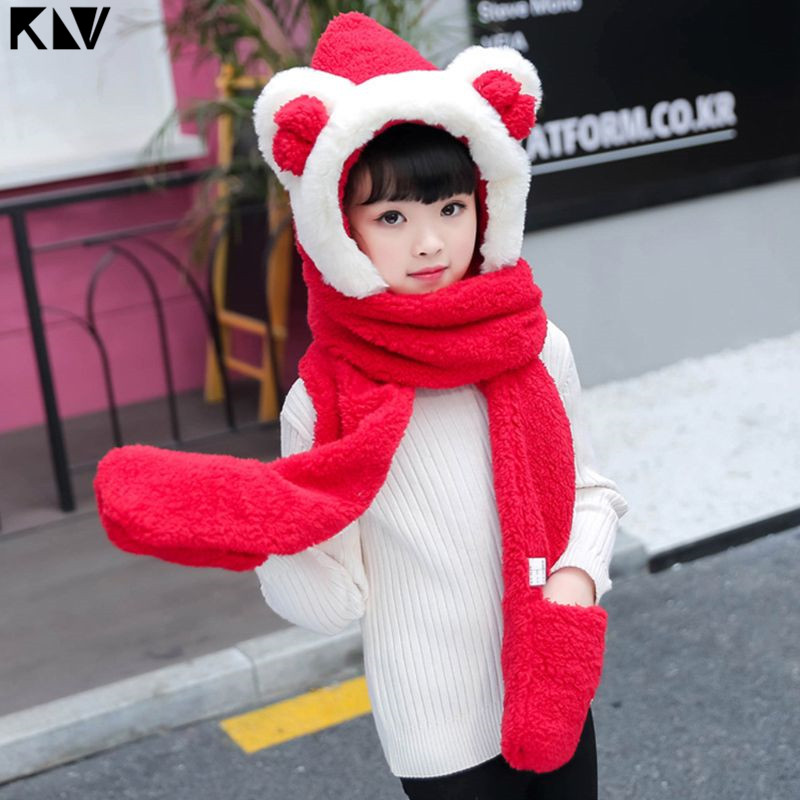KLV Kinder 3 In 1 Warm Plüsch Winter Hut Nette Bowknot Bär Ohren Schal Handschuhe Hoodie Cap