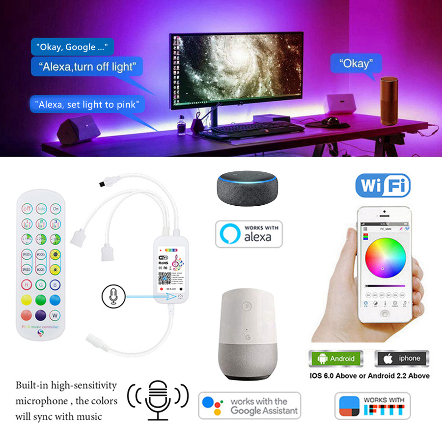 Infravermelho Lâmpada LED Faixa, Wi-Fi, Fita RGB, Funciona com Alexa, Música Fita Neon, Natal Luzes Decoração flexíveis, Bluetooth, 10m, 20m, 12V