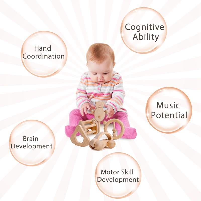 1pc 赤ちゃんのおもちゃブナクマ手歯が生えるベビーガラガラ木製リング漫画車プレイジムモンテッソーリベビーカーおもちゃ知育玩具