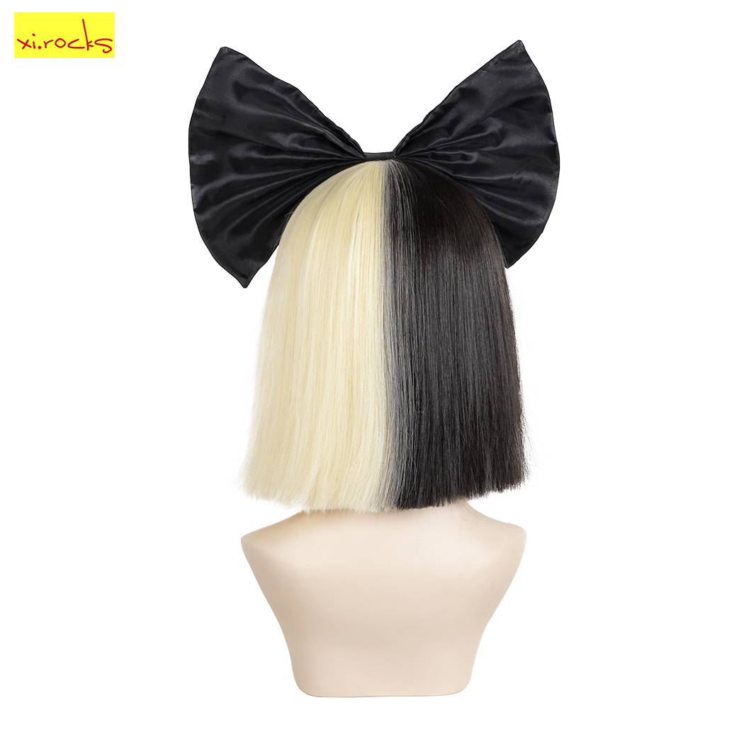3494 Xi.Rocks krótki Ombre dla kobiet proste SIA Cosplay czarne blond peruki Bob z grzywką syntetyczne sztuczne włosy
