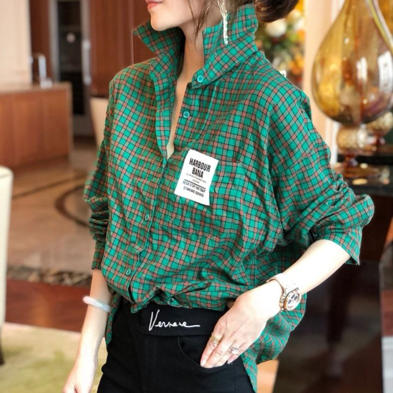 2020 frühling Herbst Korea Mode Frauen Lange Hülse Plaid Shirts Alle-abgestimmt Casual drehen-unten Kragen Lose Grün blusen S696