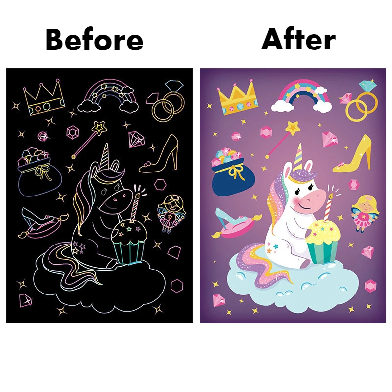 9 ชิ้น Magic Rainbow สี Scratch Art ภาพวาดกระดาษการ์ดชุดการ์ตูนไดโนเสาร์ Unicorn Drawing Board เด็ก DIY ของเล่นเพื่อการศึกษา