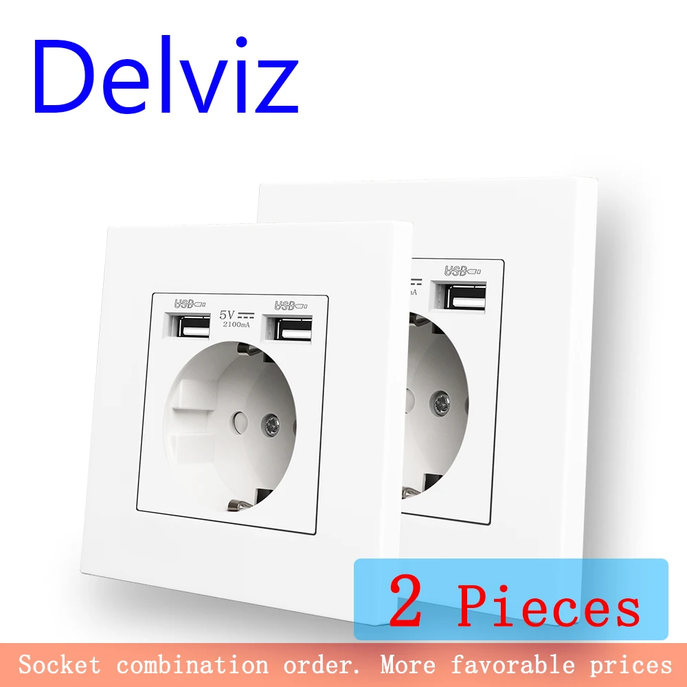 Delviz tomada de carregamento usb dupla, tomada de alimentação ac 110 ~ 250v, painel de material de pc branco, interface usb 2a, tomada de parede padrão da ue 16a