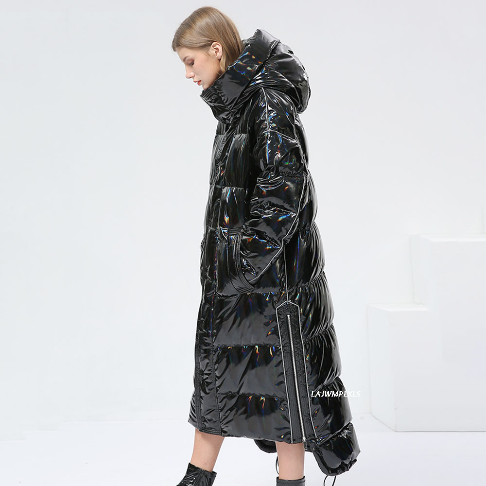 -30 度防水厚い冬スーパーロングダウンコート女性フグジャケット光沢のあるレーザー 90% ホワイトダックダウンジャケットフード付きパーカー