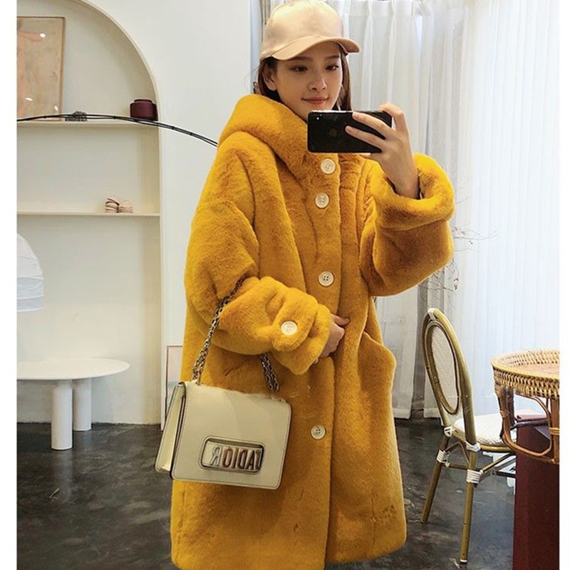 2021ผู้หญิงฤดูหนาวใหม่ Faux กระต่ายขนสัตว์หลวมยาวเสื้อขนสัตว์ขนาดใหญ่ Hooded เสื้อกันหนาวหนาหญิง Plush เสื้อ