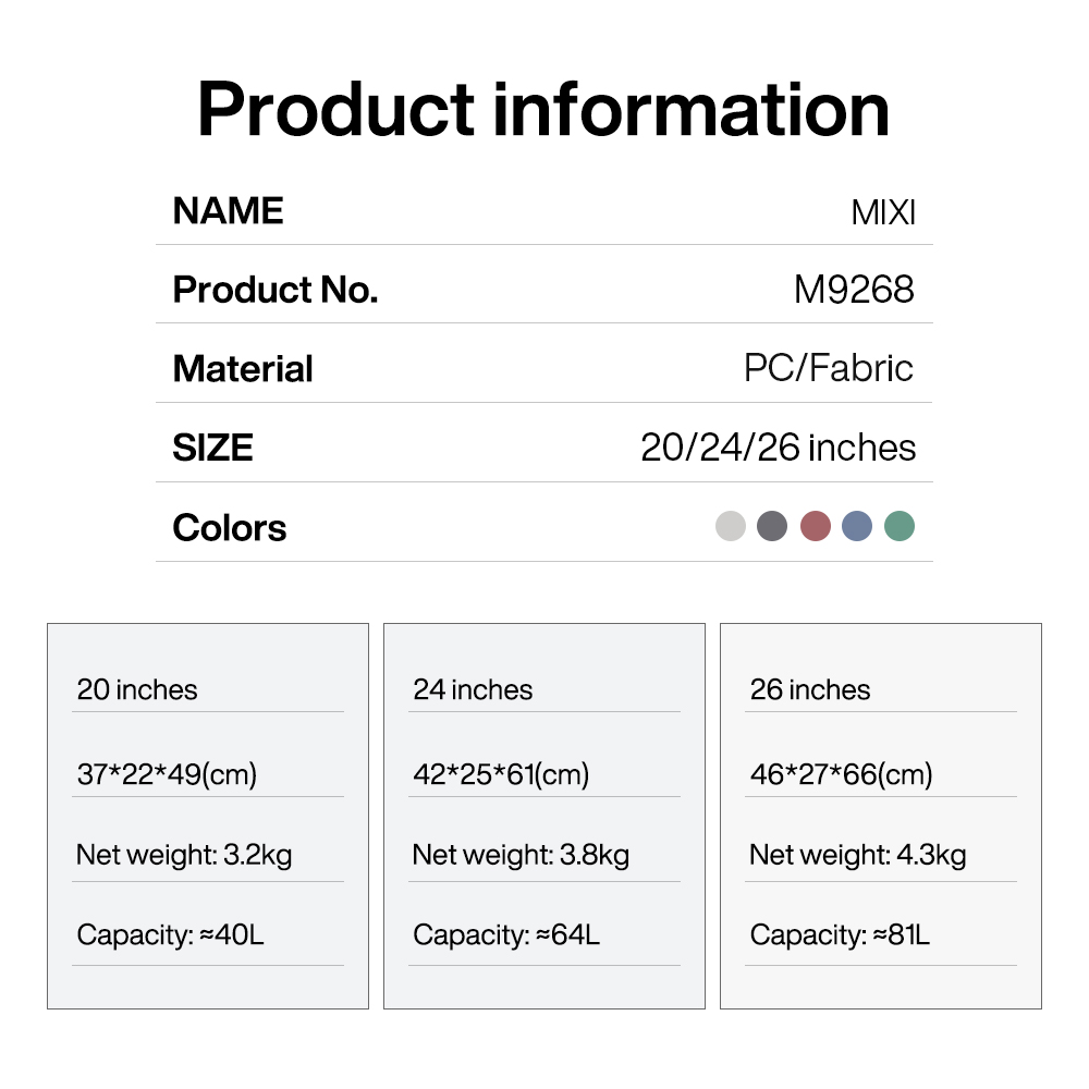 女性のためのmixi-ハードサイドローリングラゲッジ、トラベルスーツケース、スピナーホイール、tsaロック、20インチ、24インチ、26インチ、100% 個