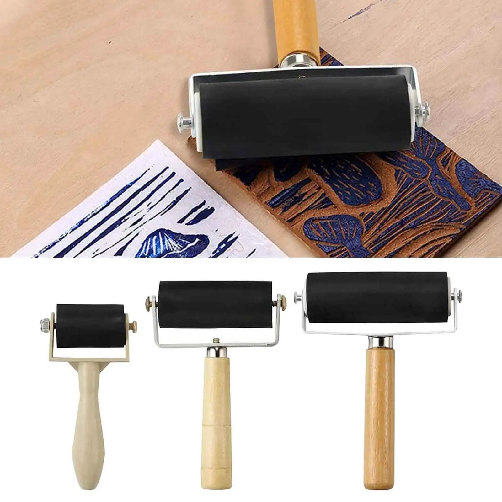 3Pcs ยาง Brayer Roller ไม้ Handle ภาพวาดหมึกปั๊มเครื่องมือศิลปะหัตถกรรมสำหรับแกะสลักพื้นผิววอลเปเปอร์พิมพ์