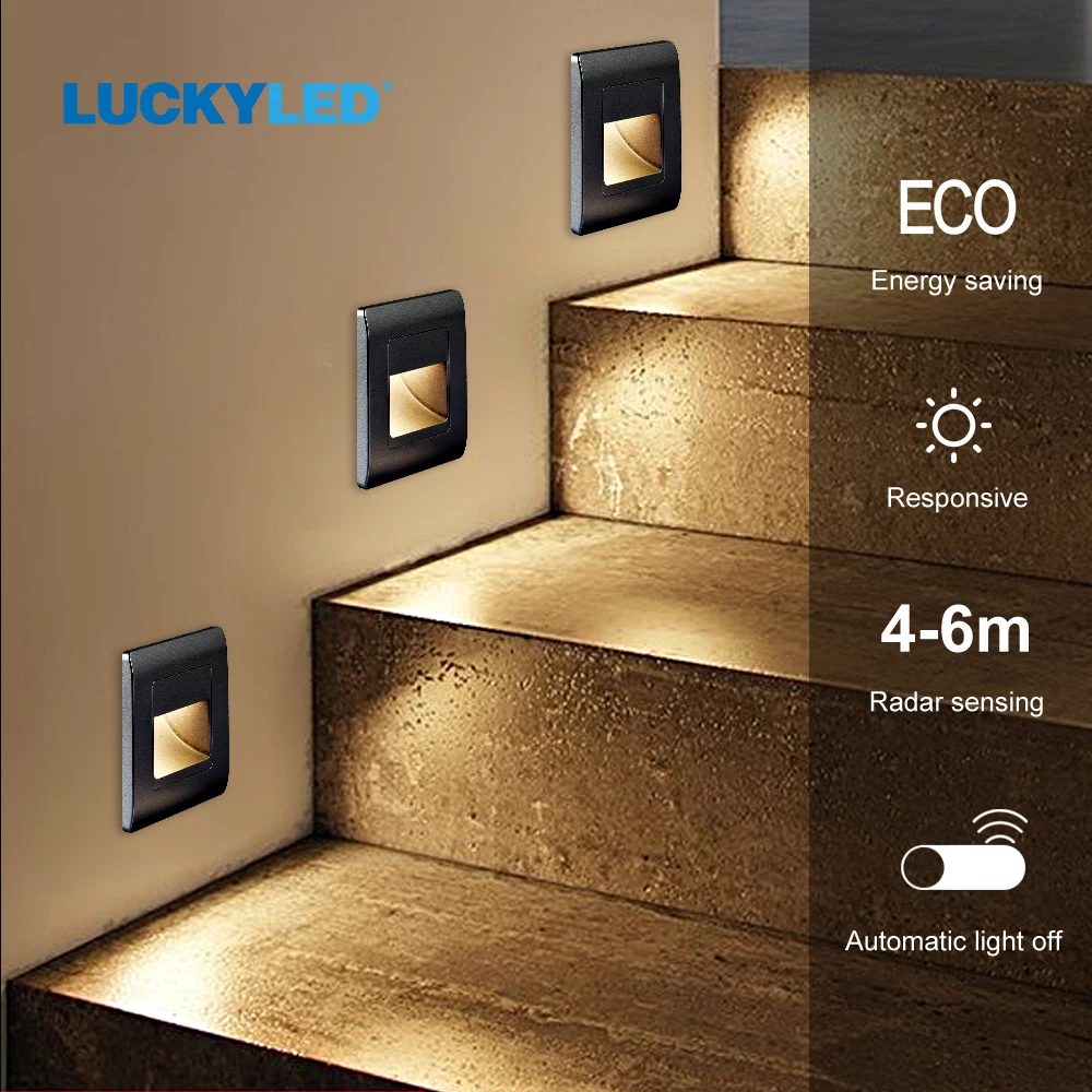 LUCKYLED Đèn Led Âm Trần Tường Đèn Cảm Biến Chuyển Động Cảm Biến Cầu Thang Ốp Lưng Đèn AC85-265V Bước Đèn Hành Lang Chiếu Sáng Trong Nhà Tường Chiếu Sáng
