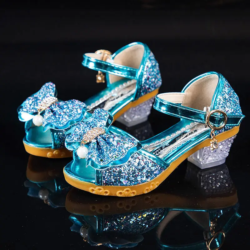 Meninas sandálias verão 2021 novas crianças sapatos de princesa meninas de salto alto arco-nó sandálias de cristal vestido de festa de casamento
