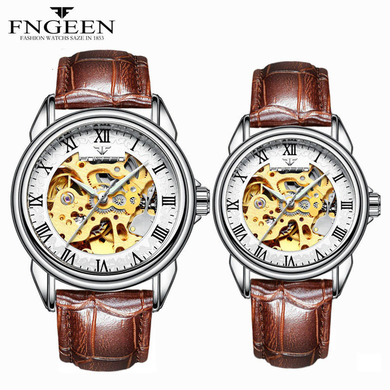Relojes mecánicos para hombres y mujeres, relojes de pulsera emparejados, acero, esqueleto impermeable, auto viento, reloj automático para amantes