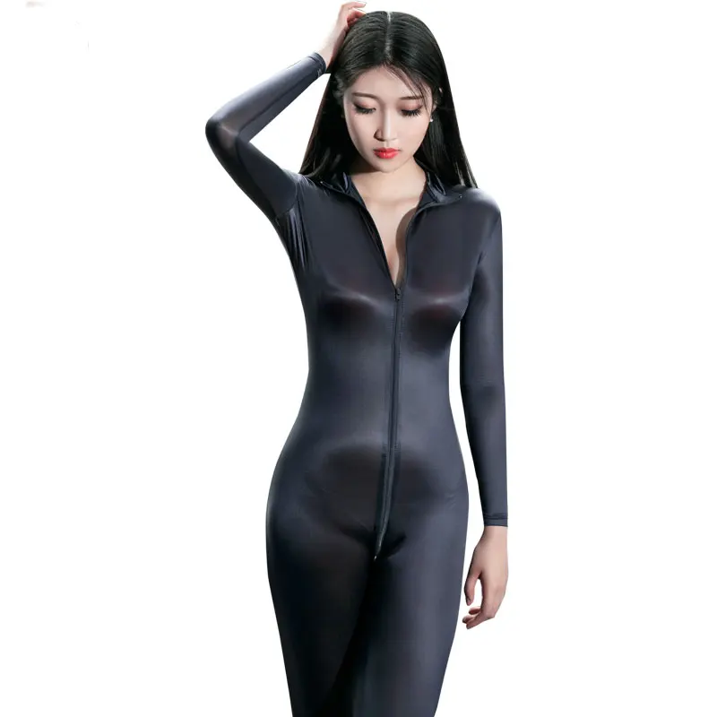 Maiô sensual para mulheres, roupa de dança e boate com zíper brilhante, virilha aberta, macacão com óleo, roupa de dança e modelagem apertada f34