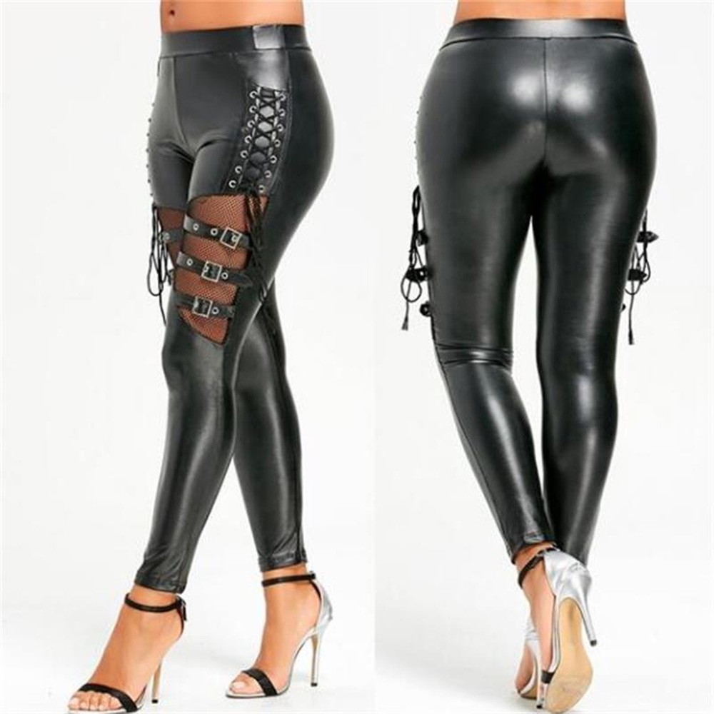 Frauen Hosen PU Leder Dünne Dünne Club Hosen Gothic Punk Leggings Fishnet Trim Hose Hosen Bleistift Hosen Frau Kleidung