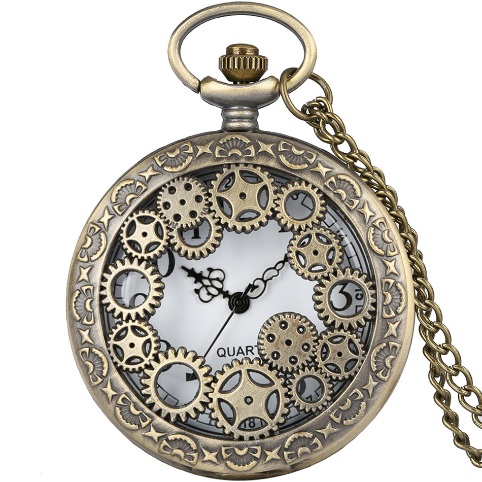 Antikes Kupfer Steampunk Vintage Hohl Bronze Getriebe Weinlese-art-höhle-quarz Taschenuhr Halskette Anhänger Uhr Kette herren Frauen 2017