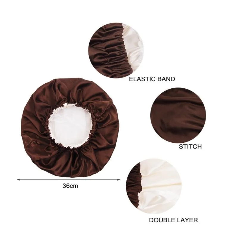 Gorro de satén sedoso Reversible de Color sólido, gorro de noche para dormir de doble capa, gorro para la cabeza, gorro para cabello rizado elástico, negro
