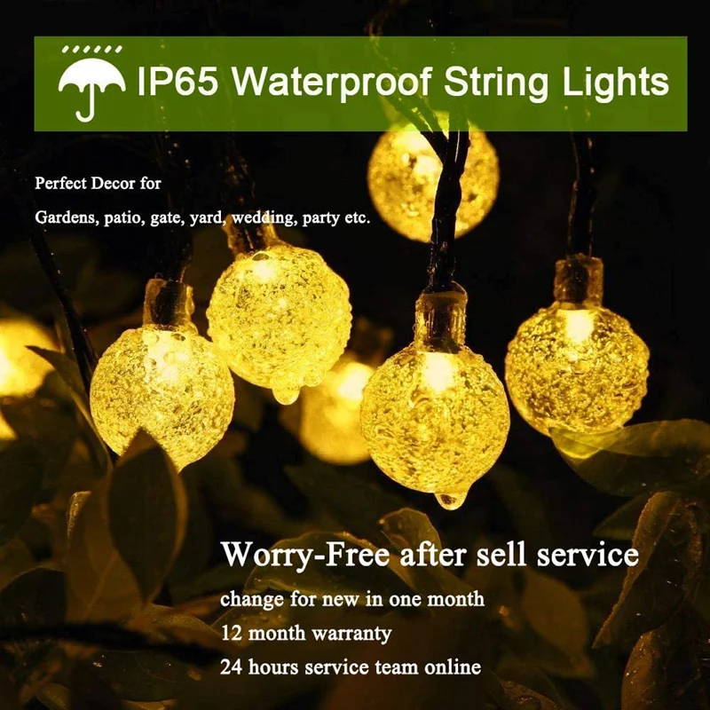 1/2/4PCS Solar String Lights Outdoor 60 Led Crystal Globe Lights with 8 Modes Waterproof Solar Powered Patio Light for Garden