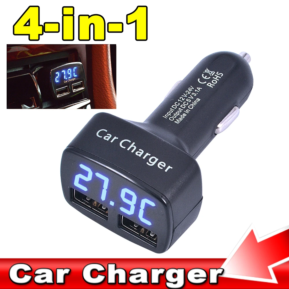 Cargador de coche 4 en 1, carga rápida, pantalla LCD Usb Dual 3.1A con adaptador de prueba de medidor de temperatura/voltaje/corriente, pantalla Digital