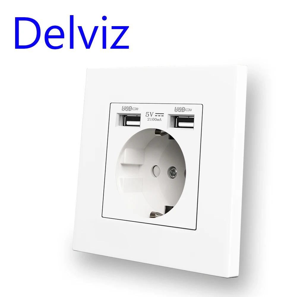 Delviz tomada de carregamento usb dupla, tomada de alimentação ac 110 ~ 250v, painel de material de pc branco, interface usb 2a, tomada de parede padrão da ue 16a
