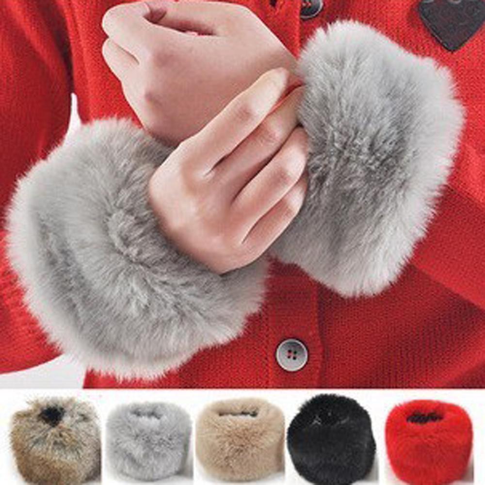 1 par de mujeres moda invierno cálido piel sintética muñeca elástica bofetada en puños señoras Color sólido calentador de brazo Protector de muñeca de felpa