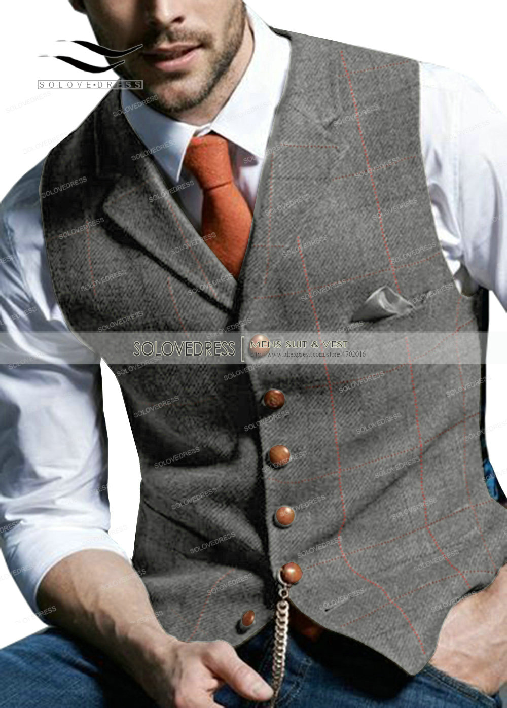 Brown Casual Gentleman Men's Army Green Vest Plaid Soft Wool Jacket Tweed Business Waistcoat For Wedding Best Man