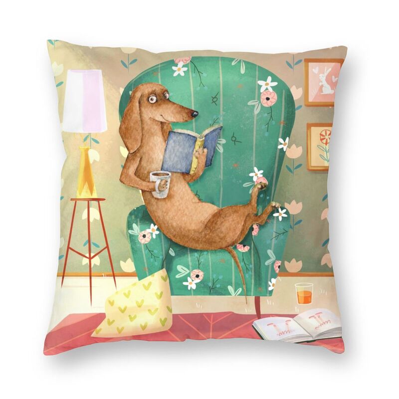 Sarung Bantal Membaca Buku Dachshund 45X45Cm Dekorasi Cetakan Pembuat Luak Sosis Anjing Sarung Bantal untuk Mobil Dua Sisi